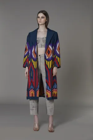 Saaksha & KinniÂ    I   Afghani circle placemtn print drill jacket  Grey denim bustier  Grey jeans Drill Coat - Multi  Bustier - Grey  Jeans - Grey SS22097    SS22035    SS22003