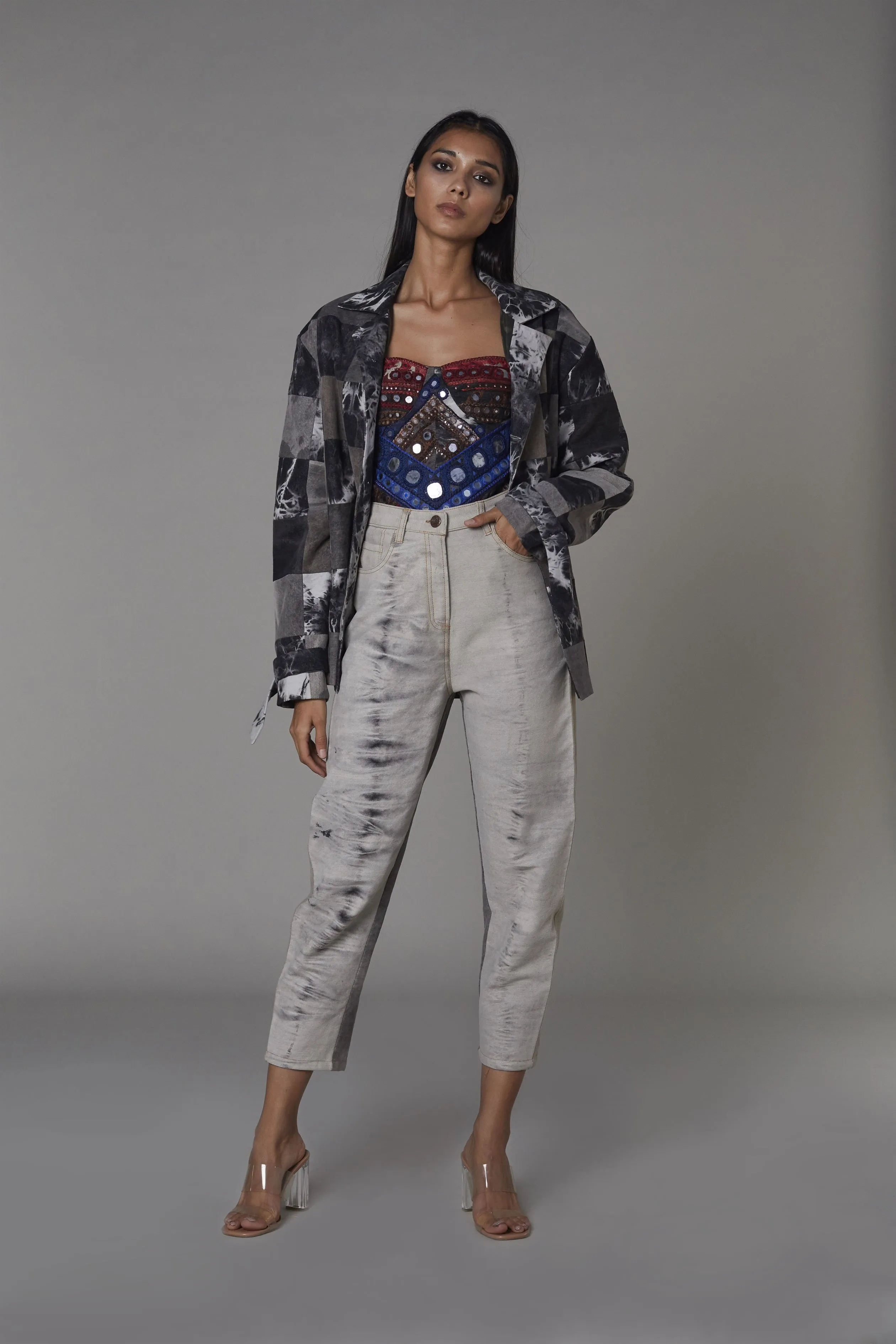 Saaksha & KinniÂ    I   Grey black cutout jacket  Grey denim bustier  Grey jeans Drill Coat - Grey  Bustier - Grey  Jeans - Grey SS22034    SS22035    SS22003