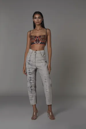 Saaksha & KinniÂ    I   Rust embroidered bustier  Grey jeans Bustier - Satin  Jeans - Denim Bustier - Rust  Jeans - Grey   SS22016    SS22003