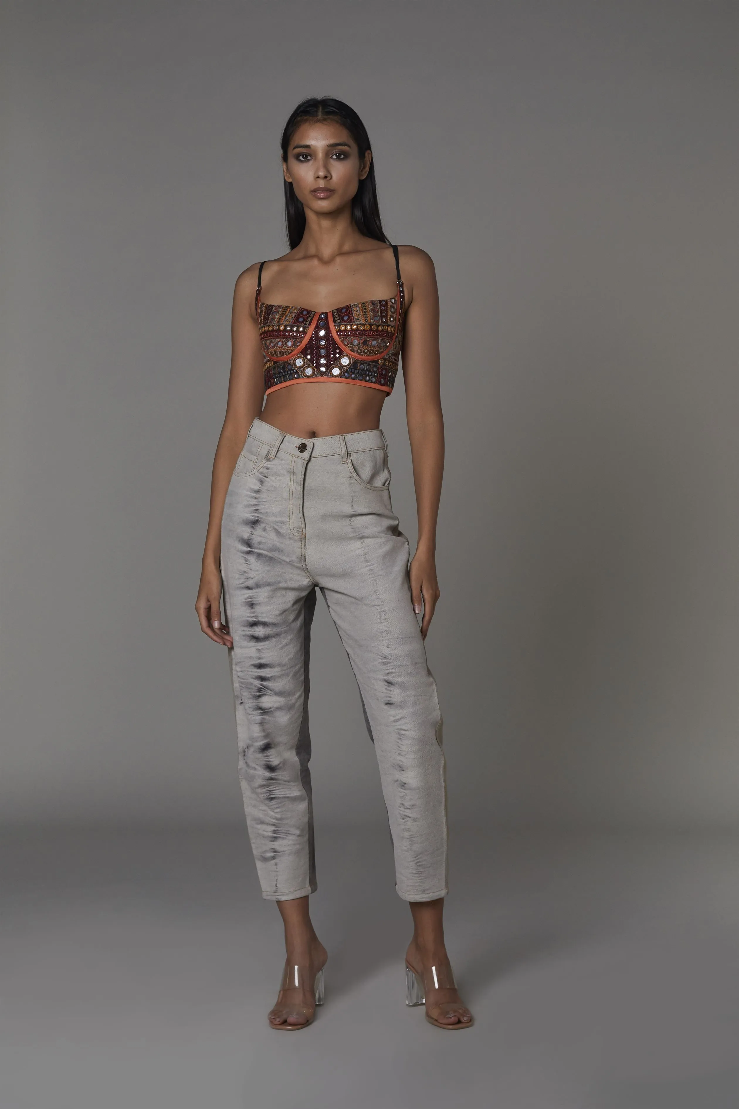 Saaksha & KinniÂ    I   Rust embroidered bustier  Grey jeans Bustier - Satin  Jeans - Denim Bustier - Rust  Jeans - Grey   SS22016    SS22003