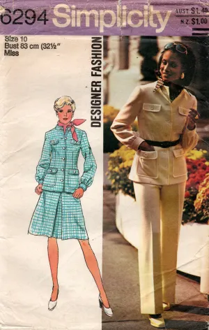 Simplicity 6294 Womens Retro Safari Jacket Skirt & Pants 1970s Vintage Sewing Pattern Size 10 Bust 32.5 inches