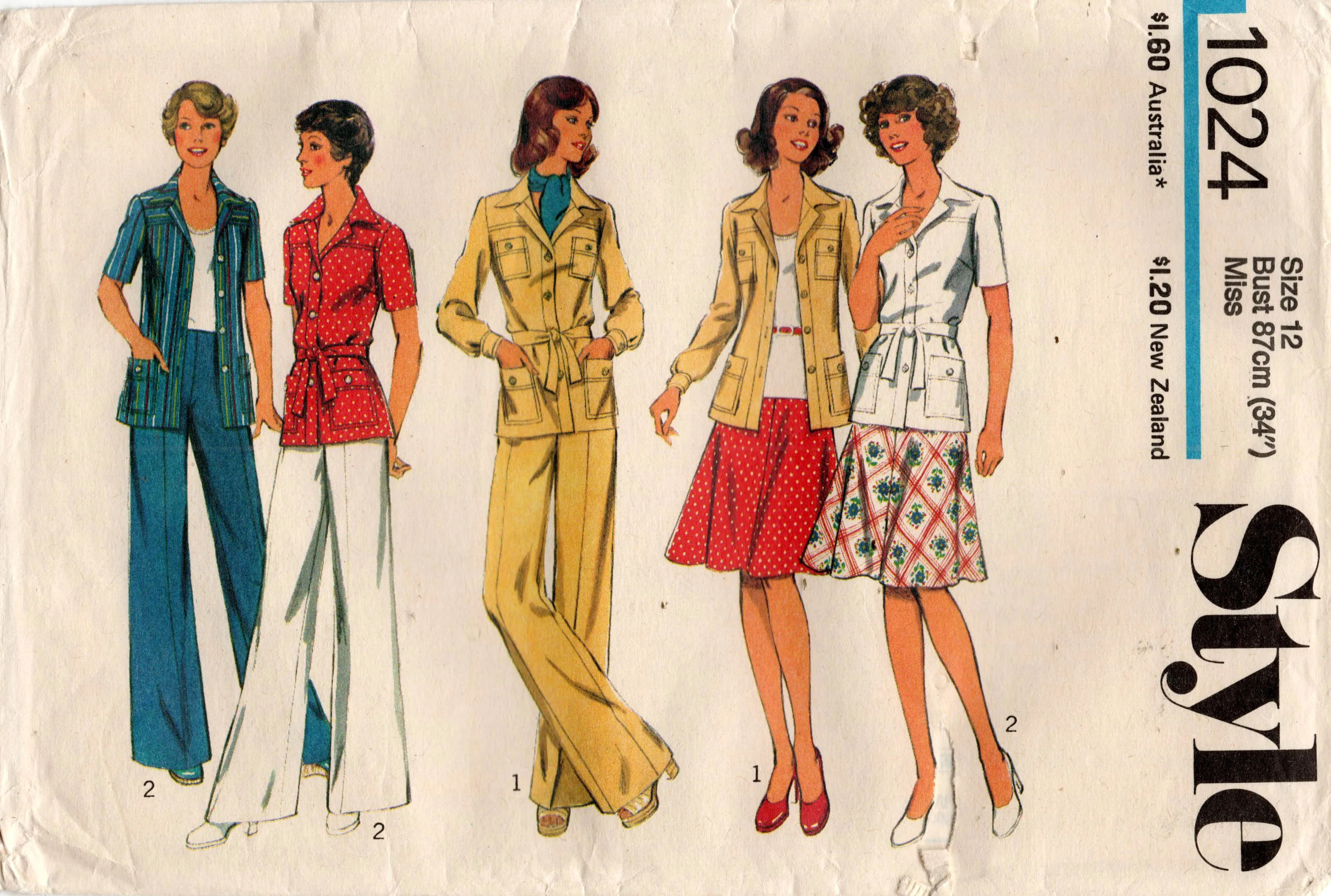 Style 1024 Womens Safari Style Shirt / Jacket Skirt & Pants 1970s Vintage Sewing Pattern Size 10 or 12