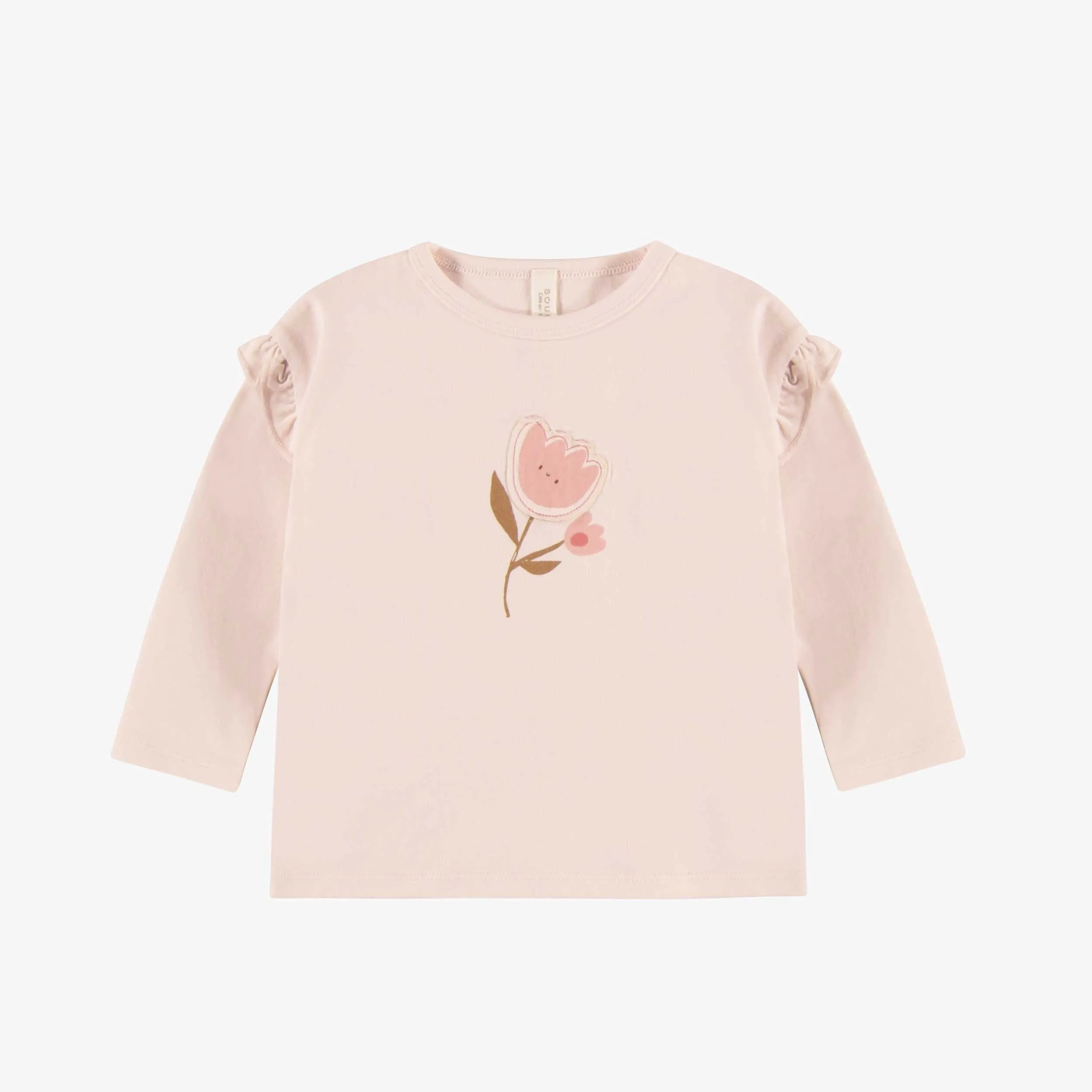 T-shirt rose à manches longues avec illustration de fleur en coton biologique, naissance || Long-sleeved pink t-shirt with a flower illustration in organic cotton, newborn