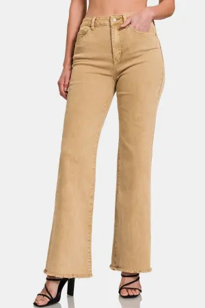 Tan Acid Washed Frayed Hem Bootcut Jeans