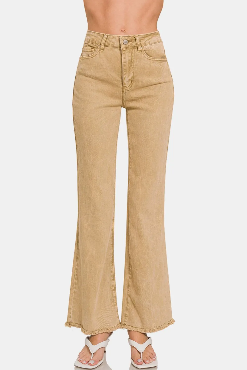 Tan Acid Washed Frayed Hem Bootcut Jeans