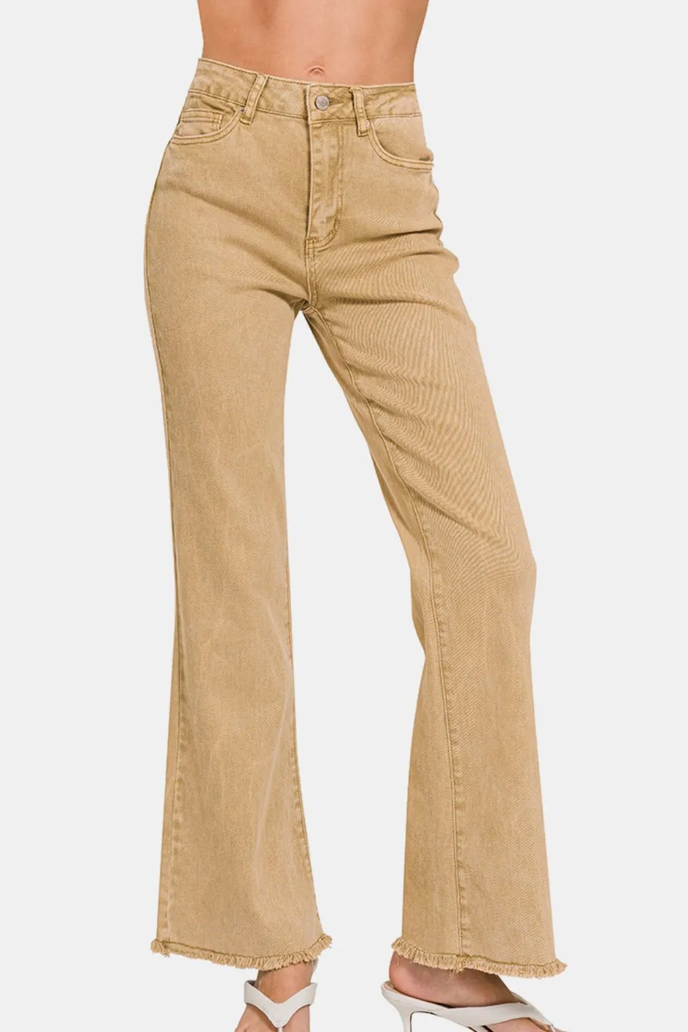 Tan Acid Washed Frayed Hem Bootcut Jeans