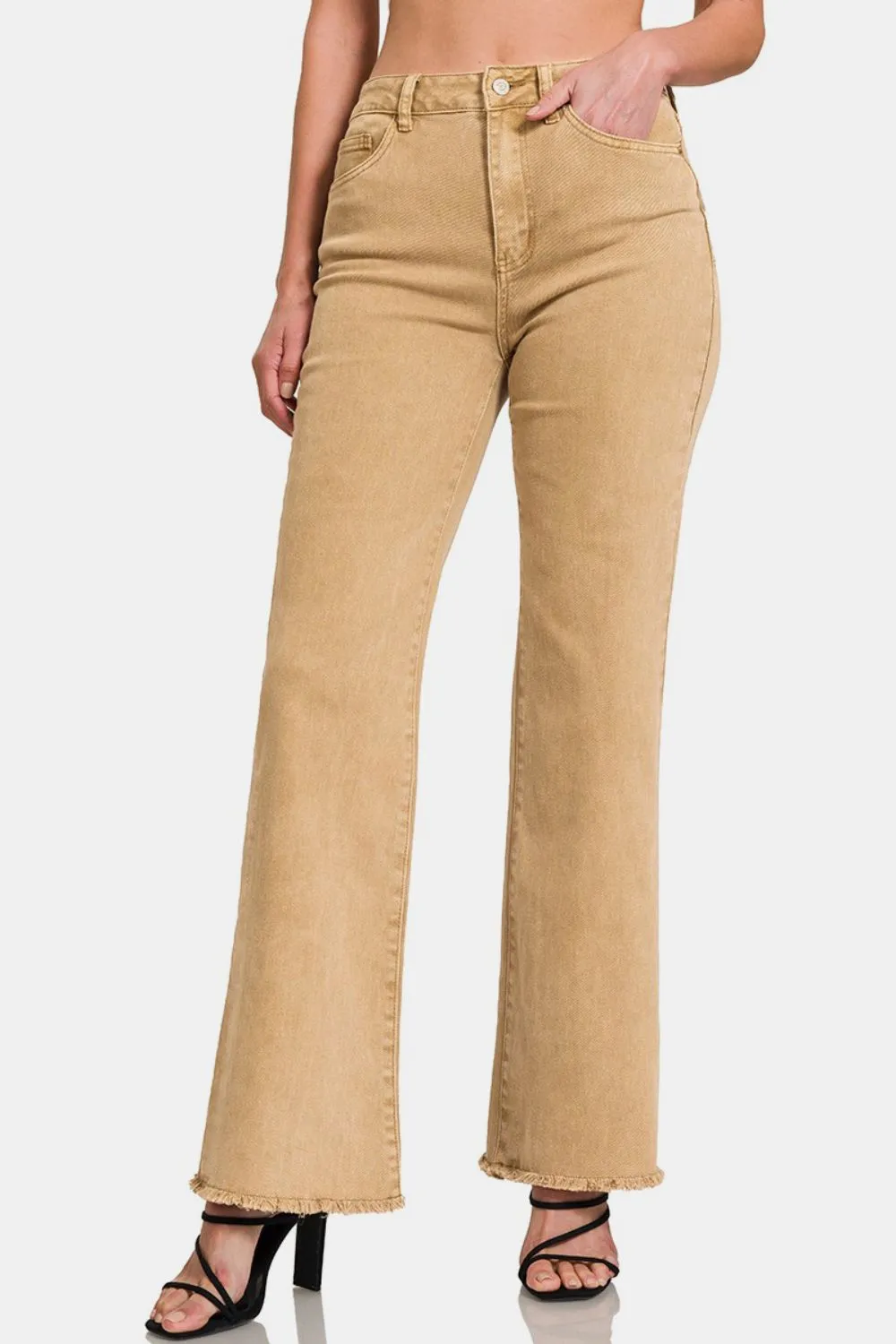 Tan Acid Washed Frayed Hem Bootcut Jeans