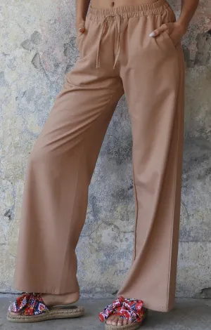 TRINITY Linen Blend Women's Pants (Tan, Indigo Blue)