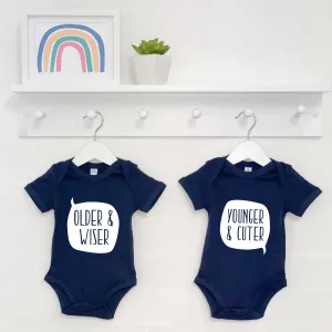 Twin Babygrow Set Older And Wiser Vs Younger And Cuter