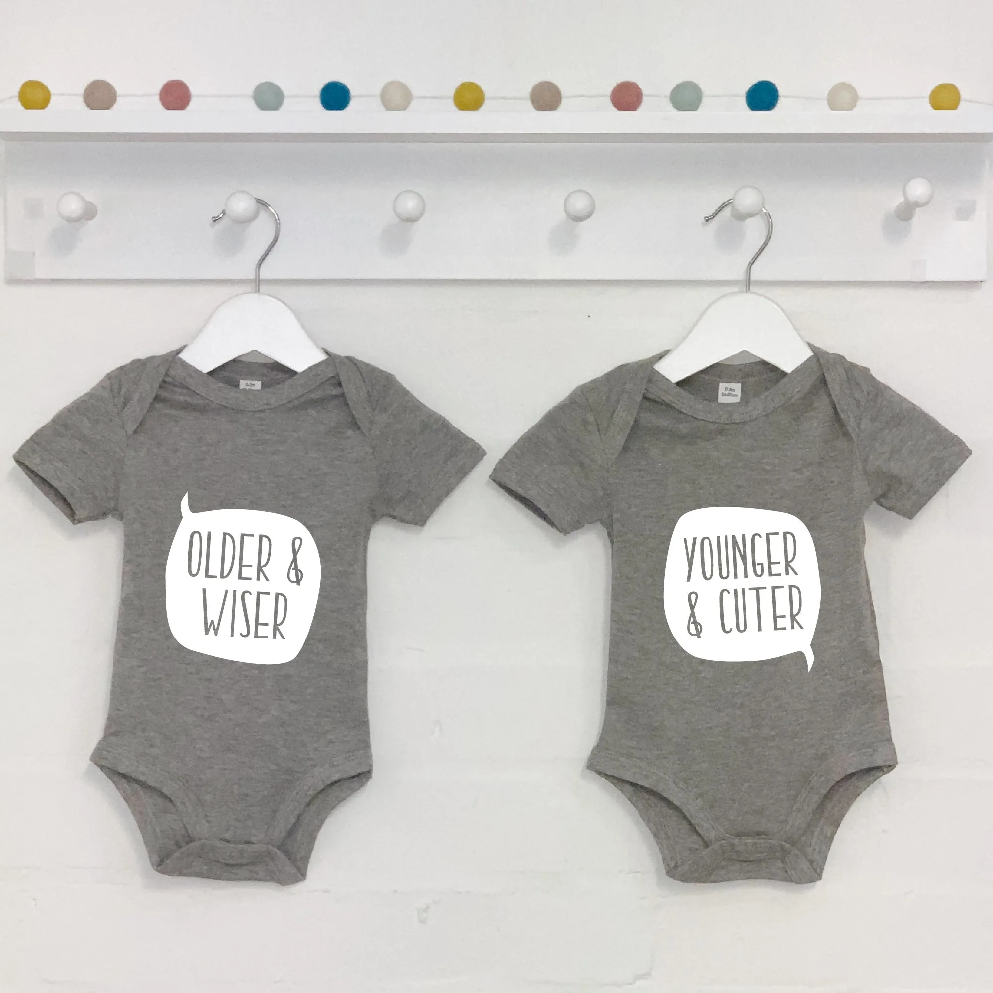 Twin Babygrow Set Older And Wiser Vs Younger And Cuter