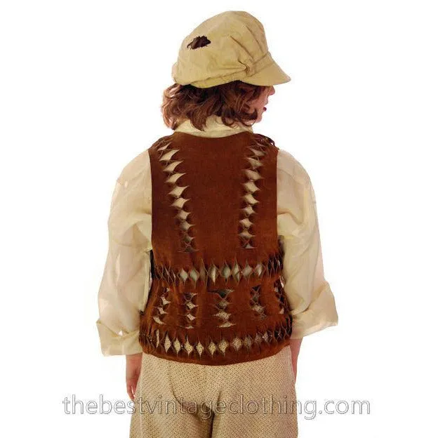 Vintage Suede Vest Unisex Cut Outs Studs 1970s Small