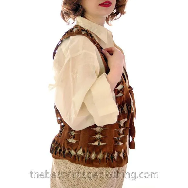 Vintage Suede Vest Unisex Cut Outs Studs 1970s Small