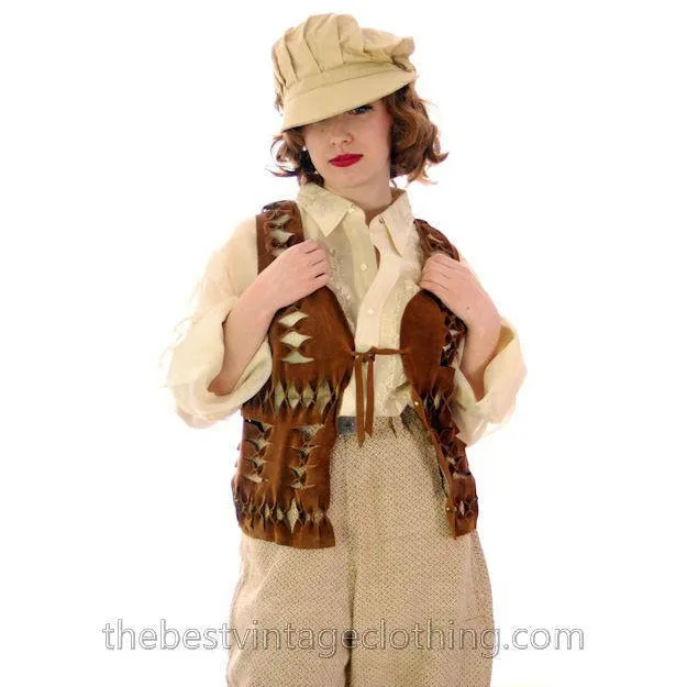 Vintage Suede Vest Unisex Cut Outs Studs 1970s Small