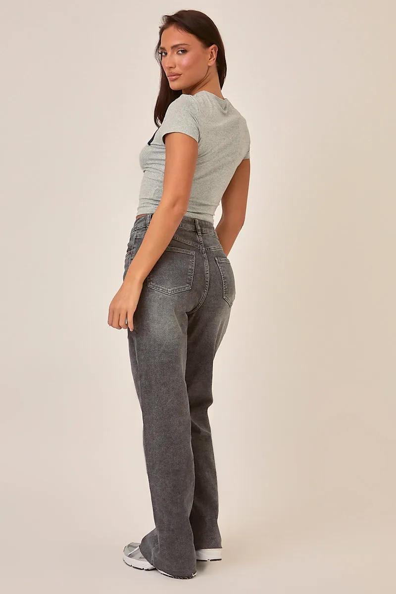 Washed Grey Stretch Straight Leg Frayed Hem Jeans - Scarlett