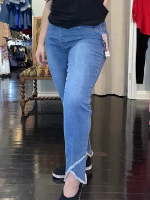 Washed Indigo Pull On Fringe Tulip Hem Ankle Pant