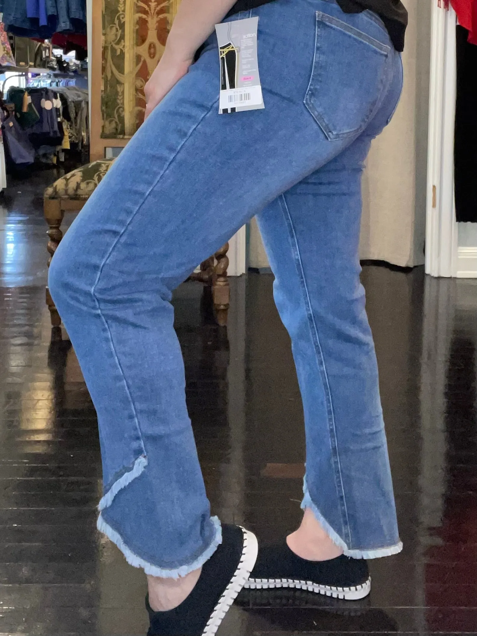 Washed Indigo Pull On Fringe Tulip Hem Ankle Pant