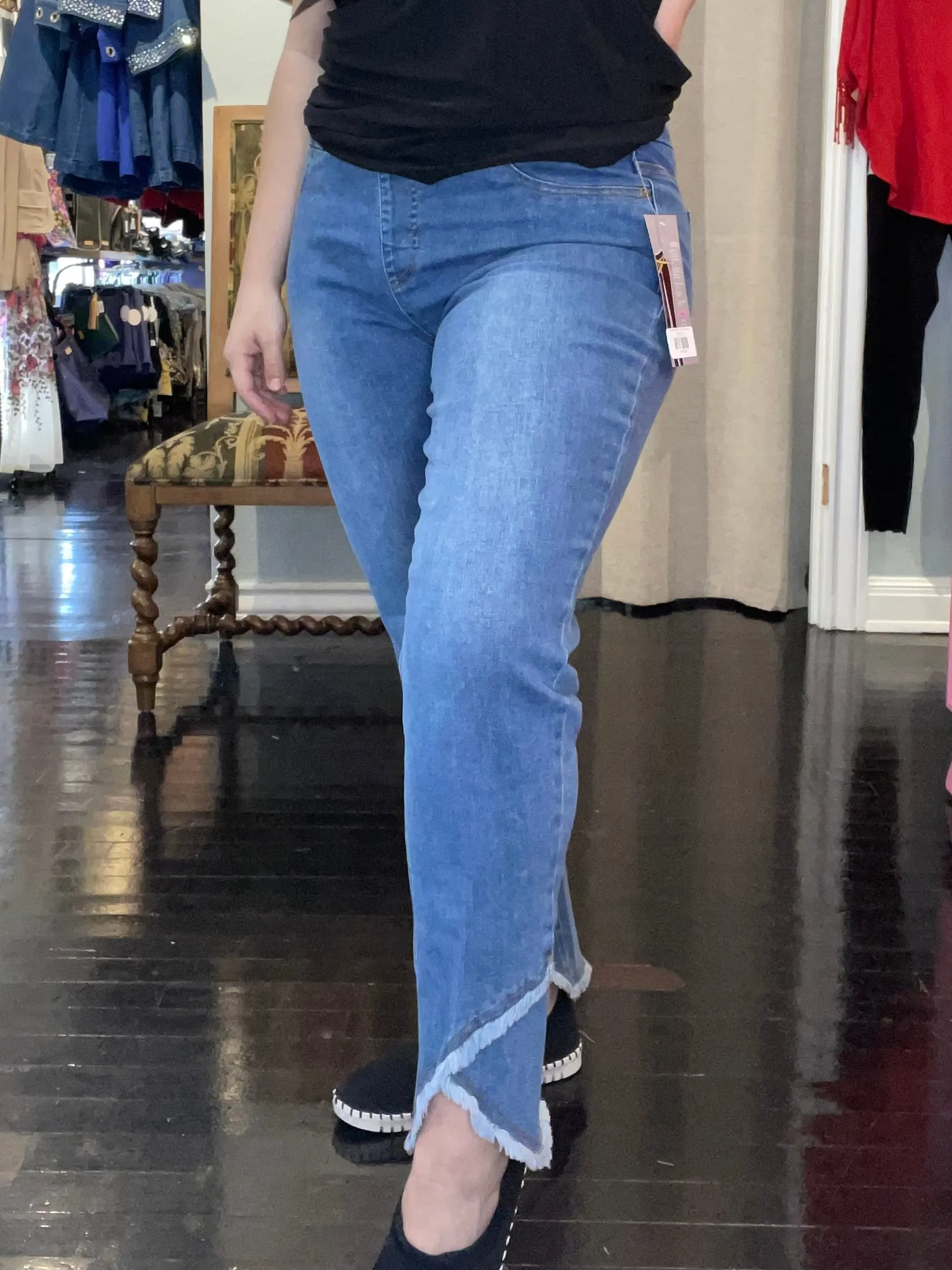 Washed Indigo Pull On Fringe Tulip Hem Ankle Pant