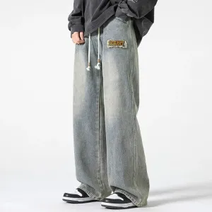 Washed Wide Leg Drawstring Jeans
