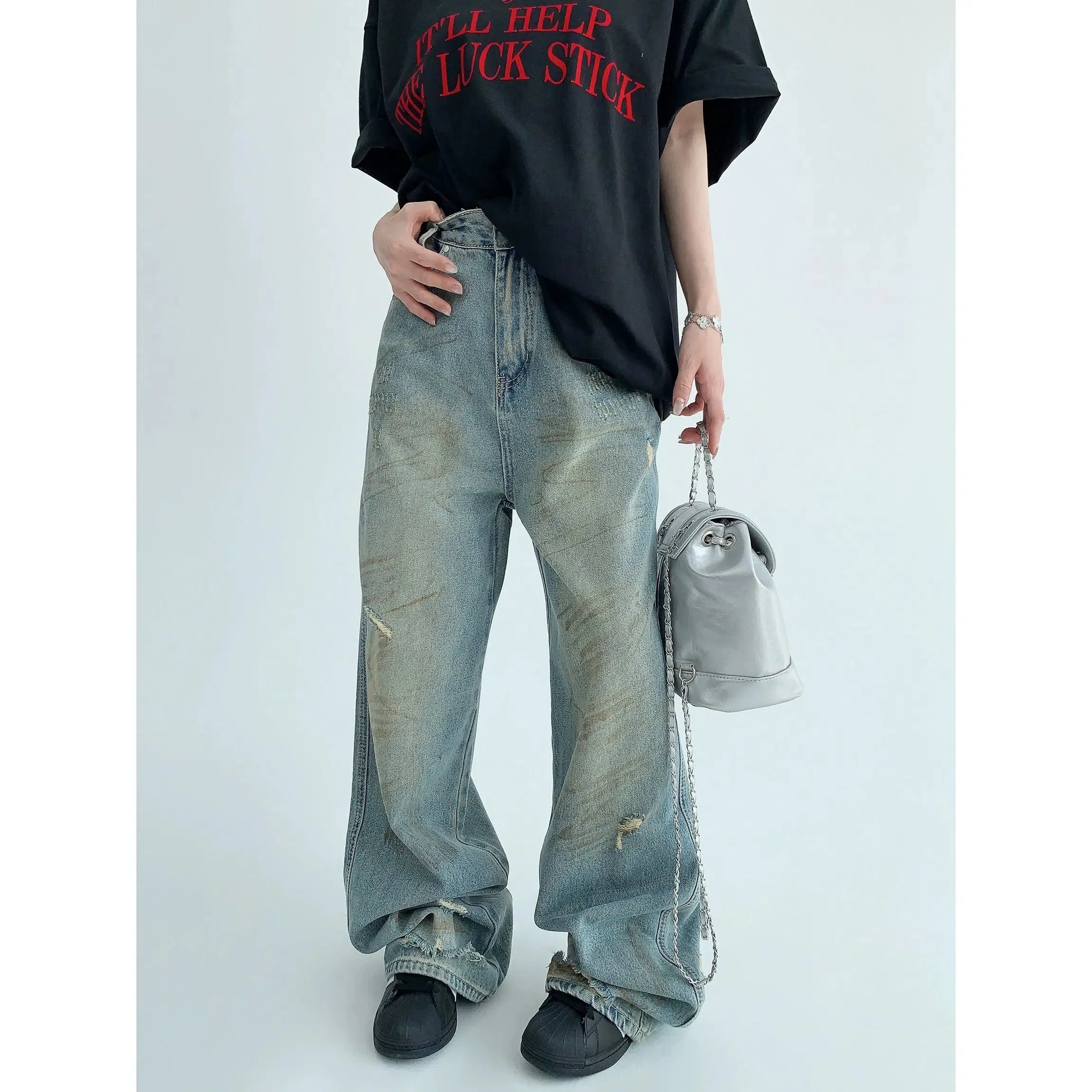 Wide Leg Distressed Denim Pants