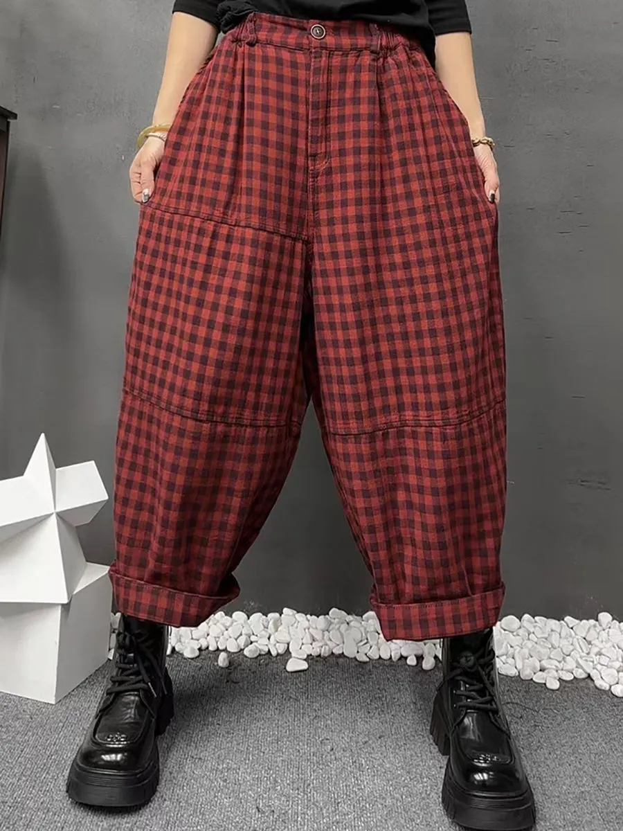 Women Vinage Spring Plaid Harem Pants