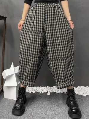 Women Vinage Spring Plaid Harem Pants