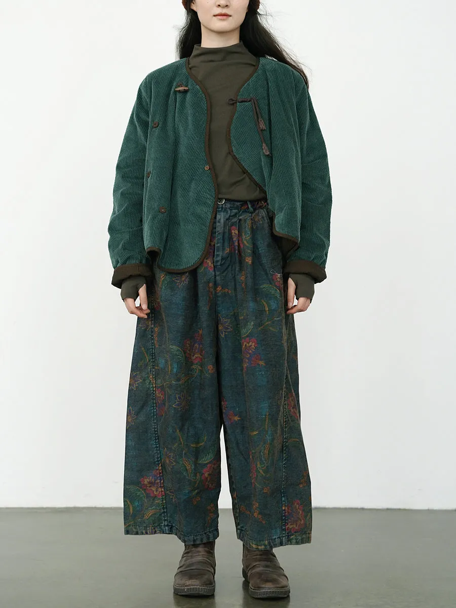 Women Winter Retro Flower Denim Spliced Wide-leg Pants