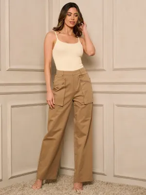 WOMEN'S BUTTON CLOSURE POCKETS WIDE LEG PANTS