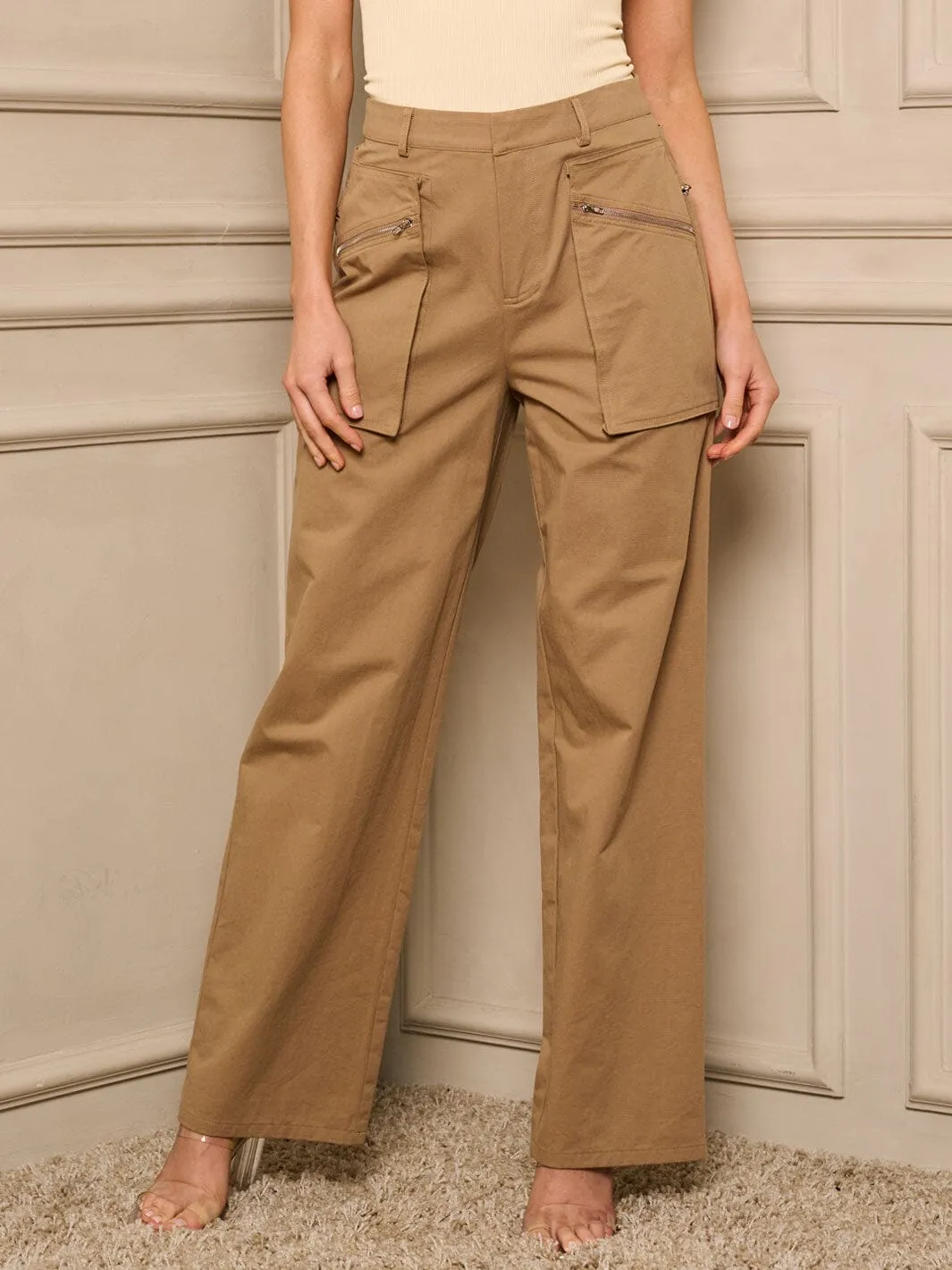 WOMEN'S BUTTON CLOSURE POCKETS WIDE LEG PANTS
