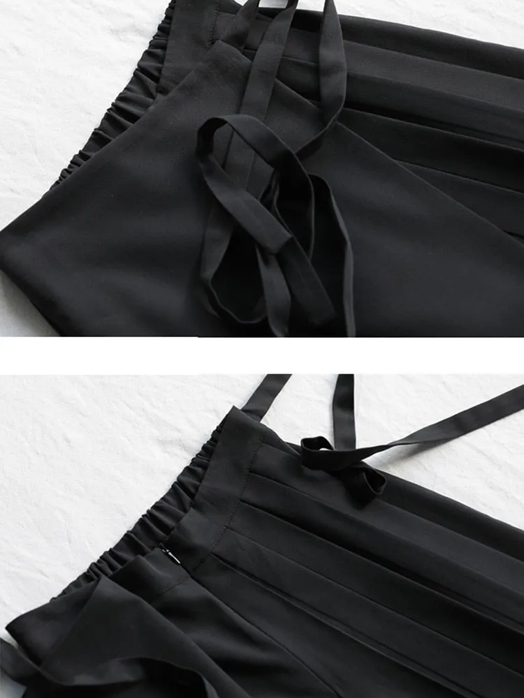 Women's Elastic Waist Wide Leg Loose Fit Pants Black Pleated Split Wide Leg Trousers
