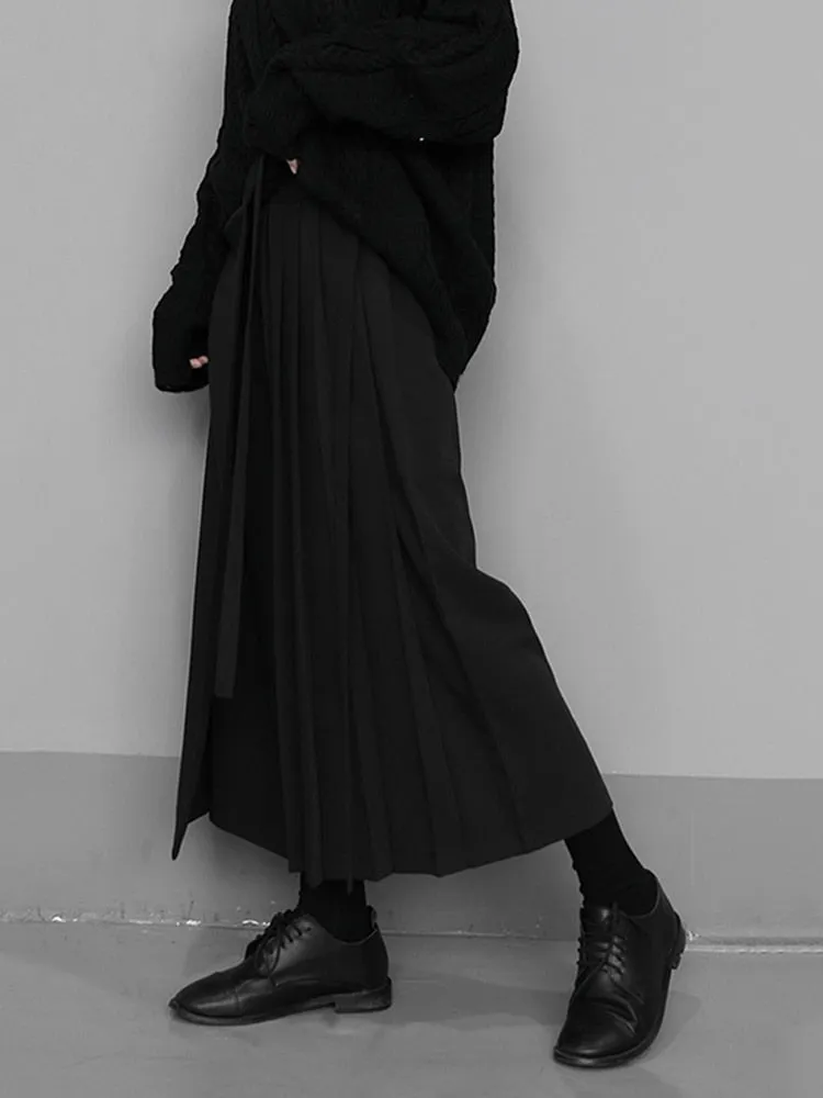 Women's Elastic Waist Wide Leg Loose Fit Pants Black Pleated Split Wide Leg Trousers