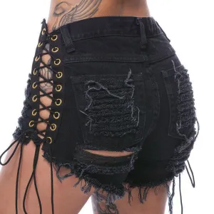 Women's Mid Waist Lace up Denim Shorts Tassel Hot Pants