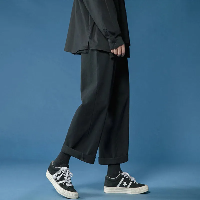 Women's Wide Leg Pants Casual Retro Ankle Length Pants Elastic Waist Loose Trousers