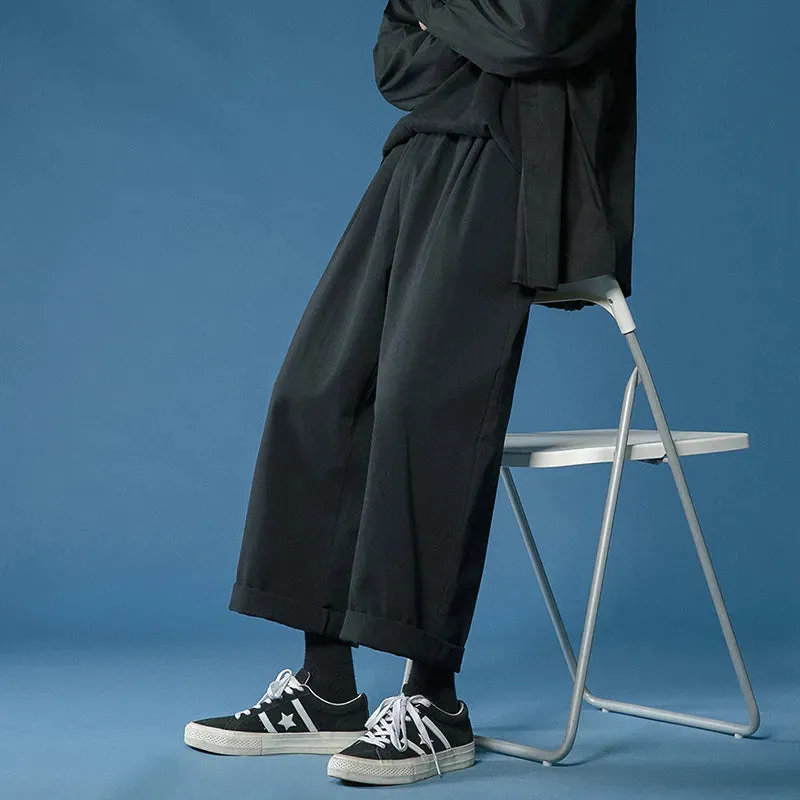 Women's Wide Leg Pants Casual Retro Ankle Length Pants Elastic Waist Loose Trousers