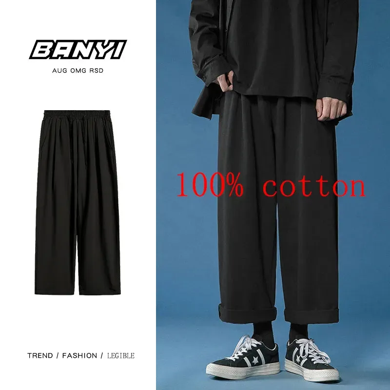 Women's Wide Leg Pants Casual Retro Ankle Length Pants Elastic Waist Loose Trousers