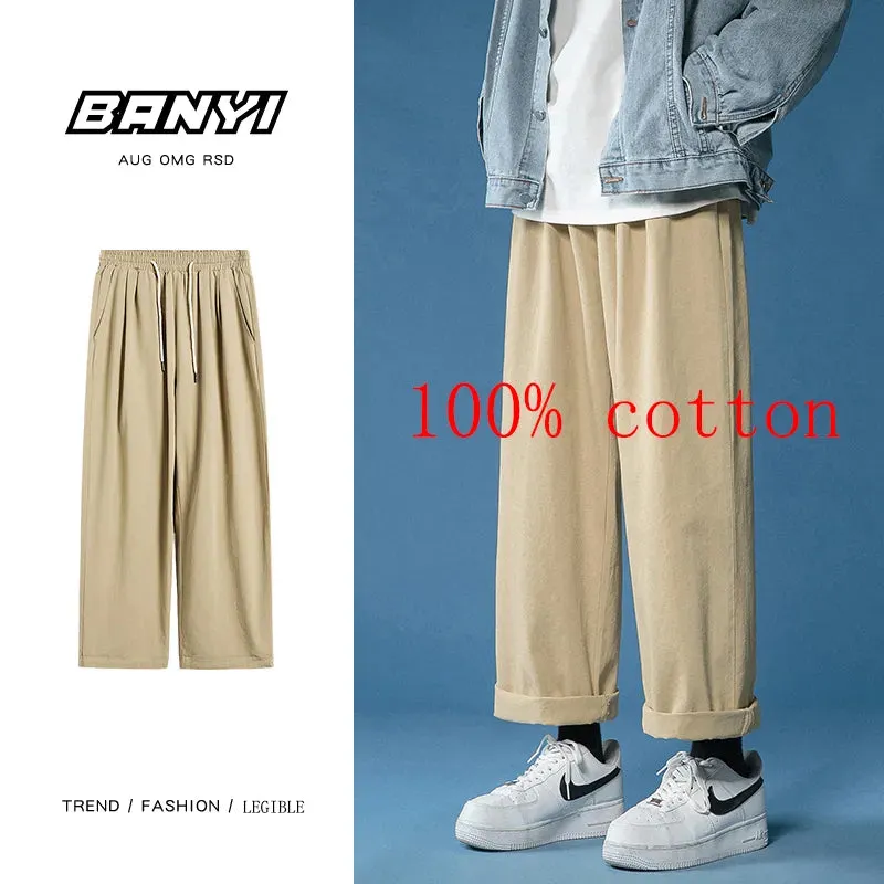 Women's Wide Leg Pants Casual Retro Ankle Length Pants Elastic Waist Loose Trousers