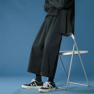 Women's Wide Leg Pants Casual Retro Ankle Length Pants Elastic Waist Loose Trousers