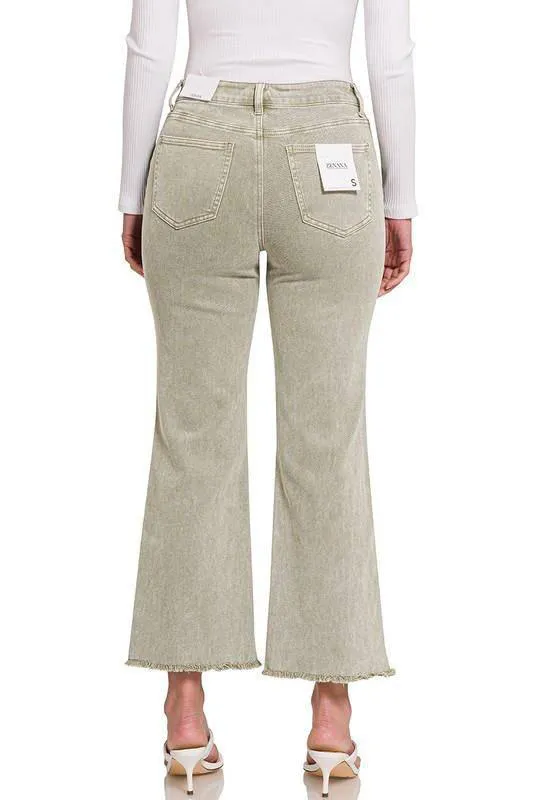 Zenana Acid Washed High Waist Frayed Hem Cropped Kick Flare Jeans