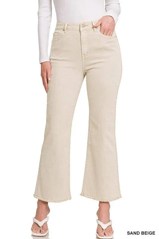 Zenana Acid Washed High Waist Frayed Hem Cropped Kick Flare Jeans