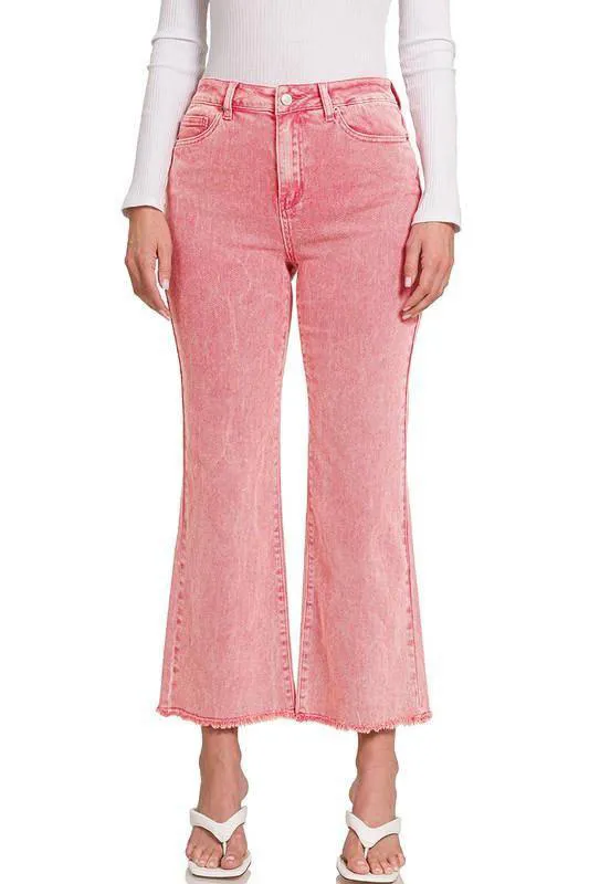 Zenana Acid Washed High Waist Frayed Hem Cropped Kick Flare Jeans