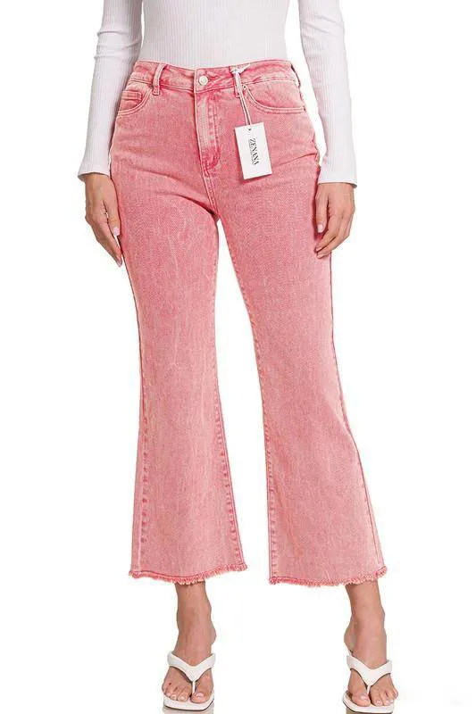 Zenana Acid Washed High Waist Frayed Hem Cropped Kick Flare Jeans