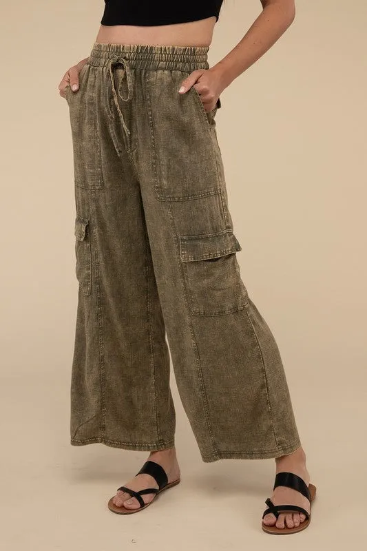 Zenana Washed Linen Cargo Pants